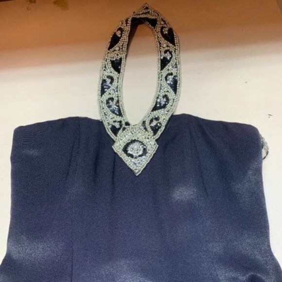 Navy Blue Beaded Halter Evening Dress - Picture 12 of 12